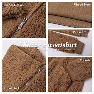 KIRUNDO Women's 2025 Winter Lapel Fuzzy Fleece Sweatshirt Faux Shearling Zipper Warm Sherpa Pullover Outwear With Pockets(Medium,Pink)