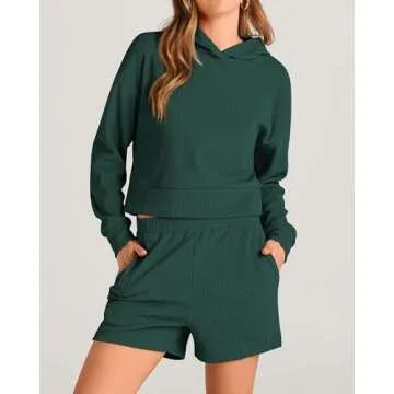 KIRUNDO Womens Lounge Set Fall Tops Hoodie Pullover And Shorts Sets Sweatsuits Fall Fashion Outfits 2023 Y2k Clothes(Dark Green, Small)
