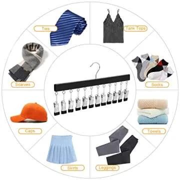 TOPIA HANGER Legging Organizer for Closet, Black Wooden Hangers with 12 Metal Clips, 2 Packs Hold Up to 24 Pants, Hangers Space Saving, Closet Organizer for Hats, Skirts, Tank Tops, Ties-CT39B