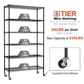 6-Tier Storage Shelves NSF Certified Wire Shelving Unit on Wheels Heavy Duty Metal Shelves Adjustable Steel Shelving 2100Lbs Capacity for Closet Pantry Basement- (18"x48"x82", Black)