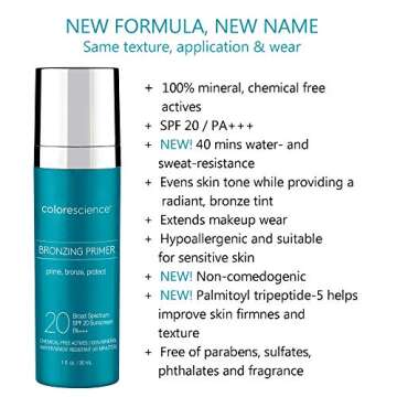 Colorescience Bronzing Primer SPF 20, Water Resistant Mineral Sunscreen, Broad Spectrum SPF 20 UVA/UVB Skin Protection, 1 Fl Oz (Pack of 1)