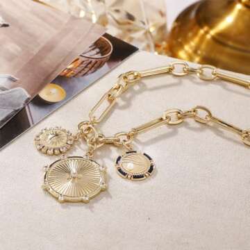 Sun Heart Charm Choker Necklace for Women Men,18k Gold Plated With Zircons Inlaid Pendants,Thick Chunky Paperclip Chain Hip Hop Necklace Unisex Jewelry,Cuban Link Chain for Women Trendy (Sun)