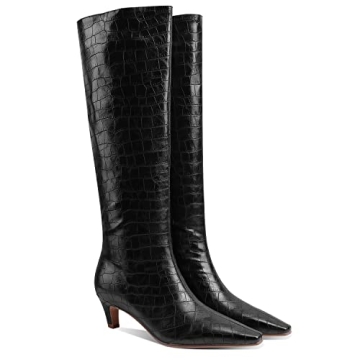 MOOMMO Women Low Kitten Heel Knee High Boots Pointy Square Toe Slouch Long Boots Pull On Wide Calf C...