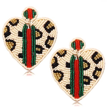 Beaded Dangle Earrings for Women Leopard Pattern Bead Heart Earrings Boho Statement Drop Earring Stu...