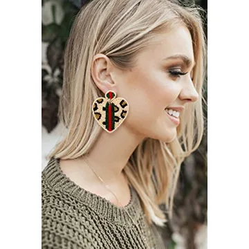 Beaded Dangle Earrings for Women Leopard Pattern Bead Heart Earrings Boho Statement Drop Earring Studs for Holiday Birthday Valentine’s Day Gifts