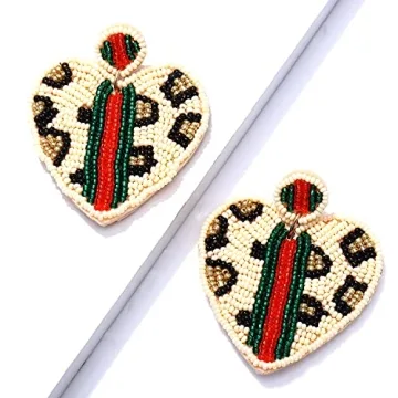 Beaded Dangle Earrings for Women Leopard Pattern Bead Heart Earrings Boho Statement Drop Earring Studs for Holiday Birthday Valentine’s Day Gifts