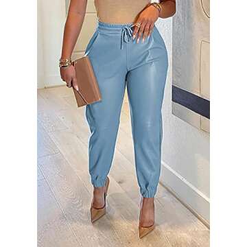 Tcremisa Women's Drawstring High Waisted Faux Leather Joggers Solid Crop PU Leather Pants Blue