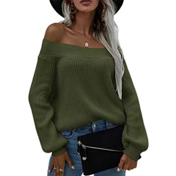 Ferrtye Womens Casual Off Shoulder Sweaters Ribbed Knit Long Sleeve Loose Fit Oversized Pullover Swe...