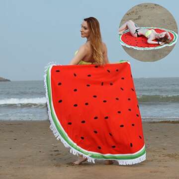 Large Round Picnic Mat Beach Blanket with Tassels Ultra Soft Super Water Absorbent Multi-Purpose Towel 59 inch across Multifunctional Purposes Blanket, Wash machine easy wash (016 Watermelon)