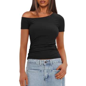 Darong Women's Double Lined Slim Fit Tshirt One Shoulder Short Sleeve Ruched Crop Top Fashion Outfit Clothes