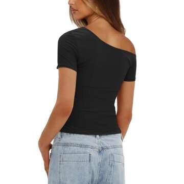 Darong Women's Double Lined Slim Fit Tshirt One Shoulder Short Sleeve Ruched Crop Top Fashion Outfit Clothes