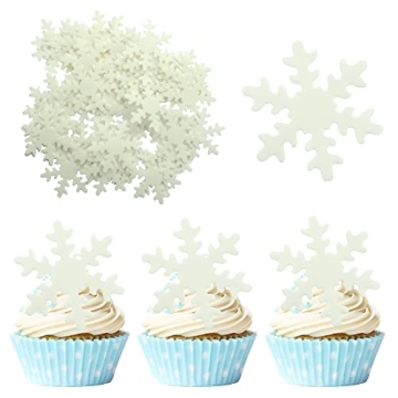 50Pcs White Edible Snowflake Cupcake Toppers for Christmas Winter Holiday Decorations