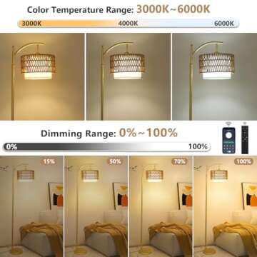 Gold Floor Lamps for Living Room with Remote & Dimmable LED Bulb, Modern Arc Floor Lamp with 3 Color...