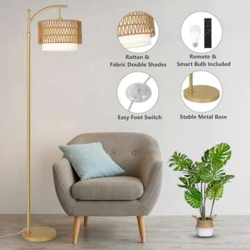 Gold Floor Lamps for Living Room with Remote & Dimmable LED Bulb, Modern Arc Floor Lamp with 3 Color Temperatures, Boho Standing Lamp with Rattan & Fabric Shades, Adjustable Tall Lamp for Bedroom