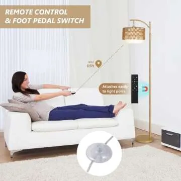 Gold Floor Lamps for Living Room with Remote & Dimmable LED Bulb, Modern Arc Floor Lamp with 3 Color Temperatures, Boho Standing Lamp with Rattan & Fabric Shades, Adjustable Tall Lamp for Bedroom