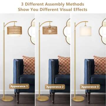 Gold Floor Lamps for Living Room with Remote & Dimmable LED Bulb, Modern Arc Floor Lamp with 3 Color Temperatures, Boho Standing Lamp with Rattan & Fabric Shades, Adjustable Tall Lamp for Bedroom