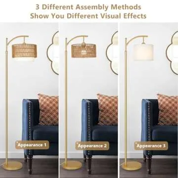 Gold Floor Lamps for Living Room with Remote & Dimmable LED Bulb, Modern Arc Floor Lamp with 3 Color Temperatures, Boho Standing Lamp with Rattan & Fabric Shades, Adjustable Tall Lamp for Bedroom