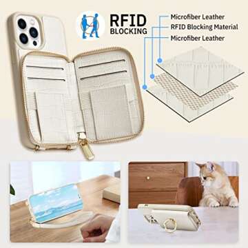 CUSTYPE for iPhone 14 Pro Max Case Wallet with Card Holder for Women, Crossbody Zipper Case with Strap Wrist, Protective Leather Case Purse with Ring for Apple iPhone 14 Pro Max 6.7inch, Beige