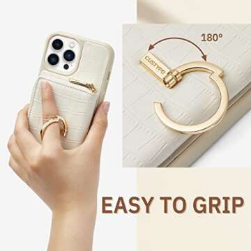 CUSTYPE for iPhone 14 Pro Max Case Wallet with Card Holder for Women, Crossbody Zipper Case with Strap Wrist, Protective Leather Case Purse with Ring for Apple iPhone 14 Pro Max 6.7inch, Beige