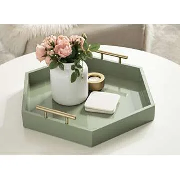 Kate and Laurel Lipton Modern Hexagon Tray, 18 x 18, Sage Green with Gold Handles, Midcentury Decorative Serving Tray for Storage and Display in Living Room Decor Scheme