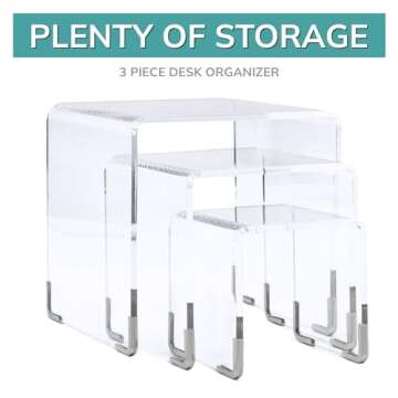 pbf PHOTO BOOTH FRAMES Acrylic Riser Display Stands - 3 Pieces- Clear- Silver Accents Acrylic Risers Shelf Riser Display Stand Set
