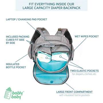Large Capacity Diaper Bag Backpack- with YKK Zippers, Two Packing Cubes, Wet/Dry Bag, Changing Pad and Stroller Straps by Bably Baby- Stylish Unisex Design (Grey)