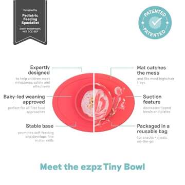 ezpz Tiny Bowl (Coral) - Silicone Suction Placemat + Bowl for Infants - 6 Months+ - Baby Led Weaning Supplies - Fits All Highchair Trays