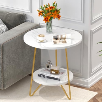 Tribesigns Faux Marble End Table, 2 Tier Round Side Table with Shelves, Modern Gold Nightstand Bedsi...