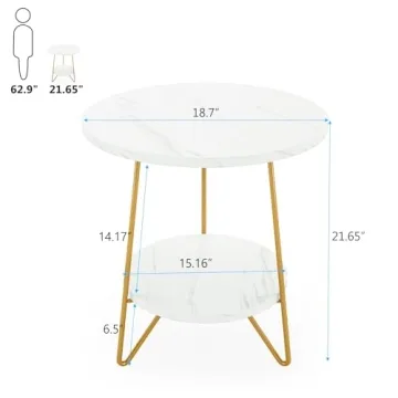 Tribesigns Faux Marble End Table, 2 Tier Round Side Table with Shelves, Modern Gold Nightstand Bedside Table Small Coffee Accent Table for Living Room Bedroom, White and Gold