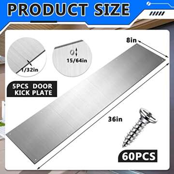 5 Sets 8 x 36 Inches Silver Door Kick Plate for Exterior Doors, Satin Aluminum Kick Plates with Scre...