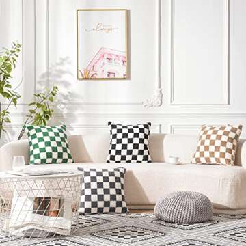 WACOMECO Decorative Throw Pillow Covers - Soft Sherpa Checkerboard Cushion Covers Faux Fur Pillow Cases for Sofa Bedroom Livingroom Car, 20 x 20 in, Khaki and Off White