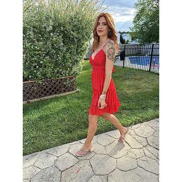 ECOWISH Summer Dresses for Women 2025 V-Neck Spaghetti Strap Bowknot Backless Sleeveless Lace Mini Swing Skater Dress Red Medium