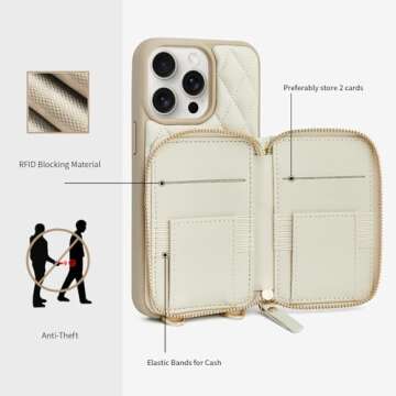 LAMEEKU Wallet Case Compatible with iPhone 13 Pro, Card Holder Case Crossbody Purse Case Quilted Leather Lady Handbag Case Compatible with iPhone 13 Pro, 6.1 Inch-Beige