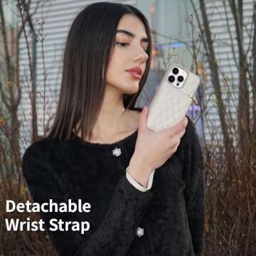 LAMEEKU Wallet Case Compatible with iPhone 13 Pro, Card Holder Case Crossbody Purse Case Quilted Leather Lady Handbag Case Compatible with iPhone 13 Pro, 6.1 Inch-Beige