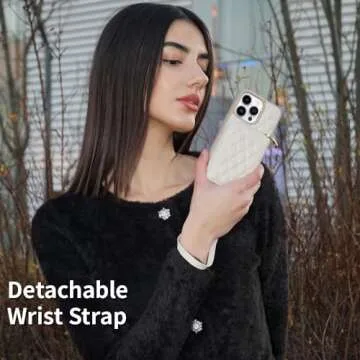 LAMEEKU Wallet Case Compatible with iPhone 13 Pro, Card Holder Case Crossbody Purse Case Quilted Leather Lady Handbag Case Compatible with iPhone 13 Pro, 6.1 Inch-Beige