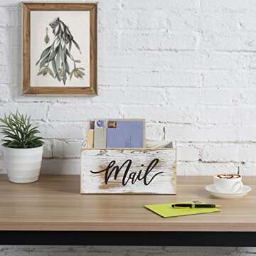 MyGift Mail Holder Storage Organizer Box Whitewashed Wood with MAIL Script Design, Desktop Letters, Bills, Notes and Postcard Bin for Home Office Dorm Room