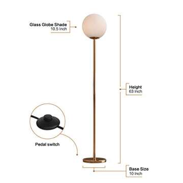 Oneach LED Floor Lamp Frosted Glass Ball Lamp Mid Century Modern Standing Lamp for Living Rooms Tall Pole Light for Bedroom Office with LED Bulb Antique Brass