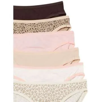 Amazon Essentials Women's Cotton Bikini Brief Underwear (Available in Plus Size), Pack of 6, Animal Print/Leopard/Multicolor/Stripe, Medium