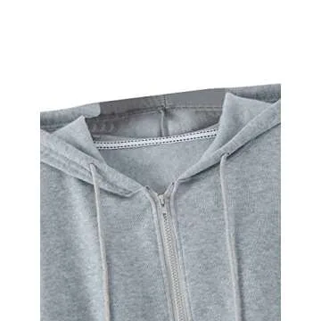 SweatyRocks Women's Long Sleeve Drawstring Full Zip Hooded Jacket Crop Sweatshirt Light Grey L