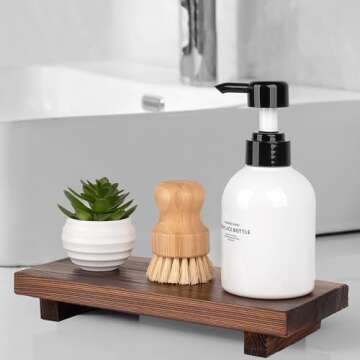 Bathroom Counter Organizer Wood Pedestal Stand Farmhouse Decorative Tray Soap Holder for Kitchen Decor, Large 10" x 4.5" - Drak Brown