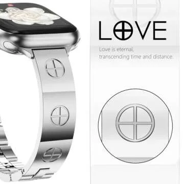 NewWays Metal Strap Compatible with Apple Watch Band 42mm (Series10) 38mm 40mm 41mm for iWatch Series 9 8 7 6 5 4 3 2 1 SE Ultra Women Dressy Love Bracelet Bangle Wristband, Silver