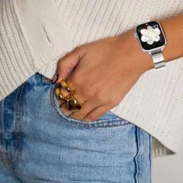 NewWays Metal Strap Compatible with Apple Watch Band 42mm (Series10) 38mm 40mm 41mm for iWatch Series 9 8 7 6 5 4 3 2 1 SE Ultra Women Dressy Love Bracelet Bangle Wristband, Silver