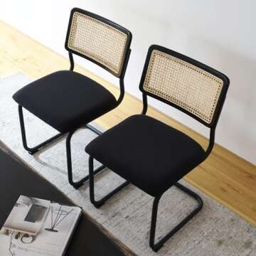 GrandNoor Black Rattan Dining Chairs Set of 4,Wooden Mid-Century Modern Kitchen Chairs, Mesh Back Ca...
