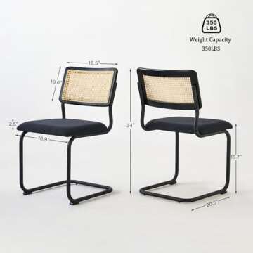 GrandNoor Black Rattan Dining Chairs Set of 4,Wooden Mid-Century Modern Kitchen Chairs, Mesh Back Cane Dining Room Chairs, Cesca Design Chairs with Metal Chrome Legs