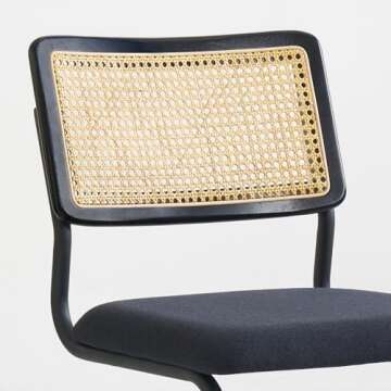 GrandNoor Black Rattan Dining Chairs Set of 4,Wooden Mid-Century Modern Kitchen Chairs, Mesh Back Cane Dining Room Chairs, Cesca Design Chairs with Metal Chrome Legs