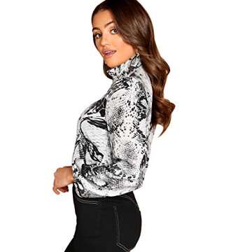 Floerns Women's Printed High Collar Mock Neck Lantern Long Sleeve Blouse Top Multi Snakeskin L