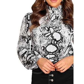 Floerns Women's Printed High Collar Mock Neck Lantern Long Sleeve Blouse Top Multi Snakeskin L