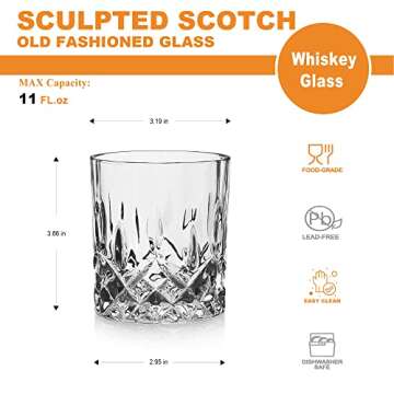 LUXU Whiskey Glasses(Set of 4)-11 oz sculpted Scotch Glass,Old Fashioned Glasses,Crystal Bourbon Roc...