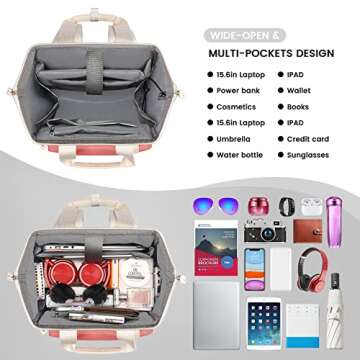 FALANKO Laptop Backpack for Women,Teacher Doctor Nurse Work Purse Bag for 15.6 Inch Laptop, Wide Ope...