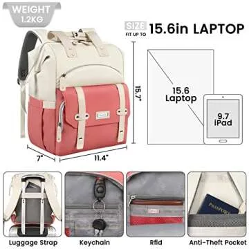 FALANKO Laptop Backpack for Women,Teacher Doctor Nurse Work Purse Bag for 15.6 Inch Laptop, Wide Open backpack With USB Charging Port RFID Pocket, Large, Water Resistant, White-Pink